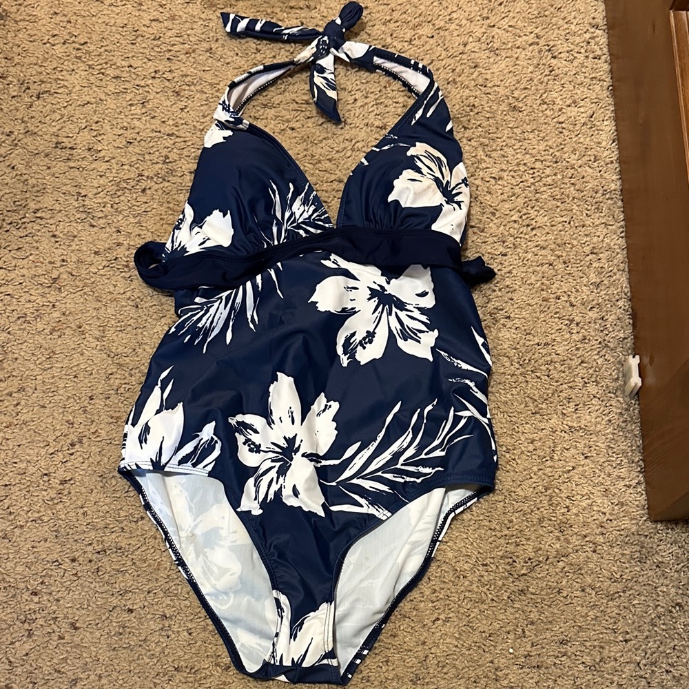 Navy Blue Floral Halter Swimsuit